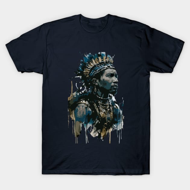 Tribal African Warrior in Costume with Spear in Ink Painting Style T-Shirt by diegotorres